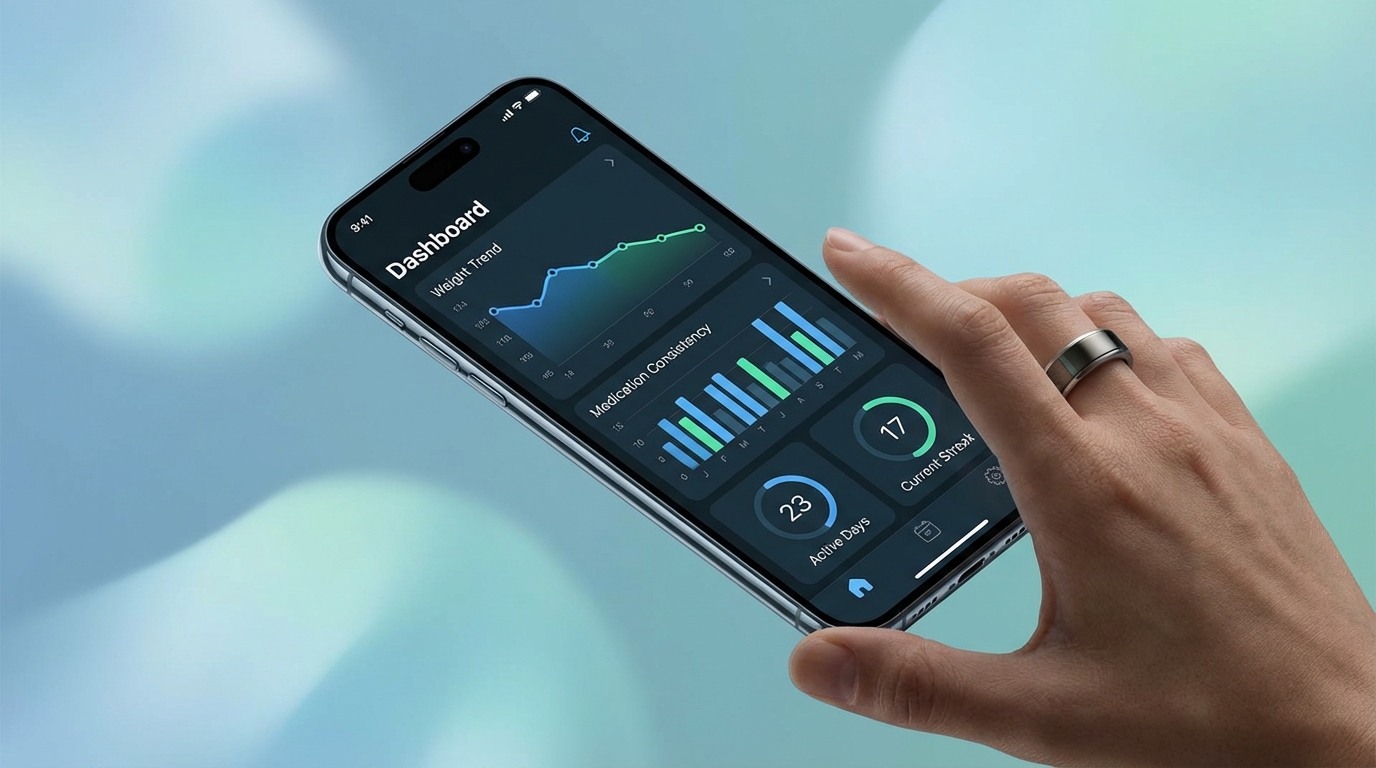 Jabby GLP-1 progress tracker showing injection log and weight trends